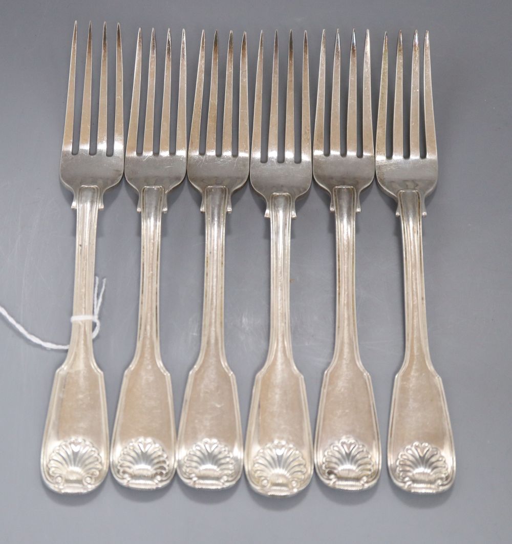 A matched set of six early 19th century silver fiddle, thread and shell pattern table forks.